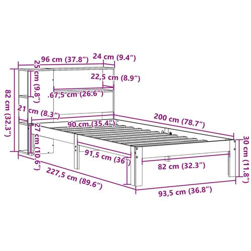 Seng med reol uden madras 90x200 cm massivt fyrretræ