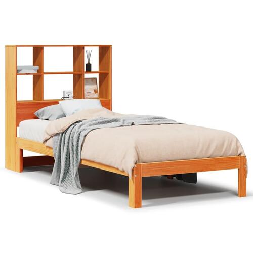 Seng med reol uden madras 90x190 cm massivt fyrretræ gyldenbrun
