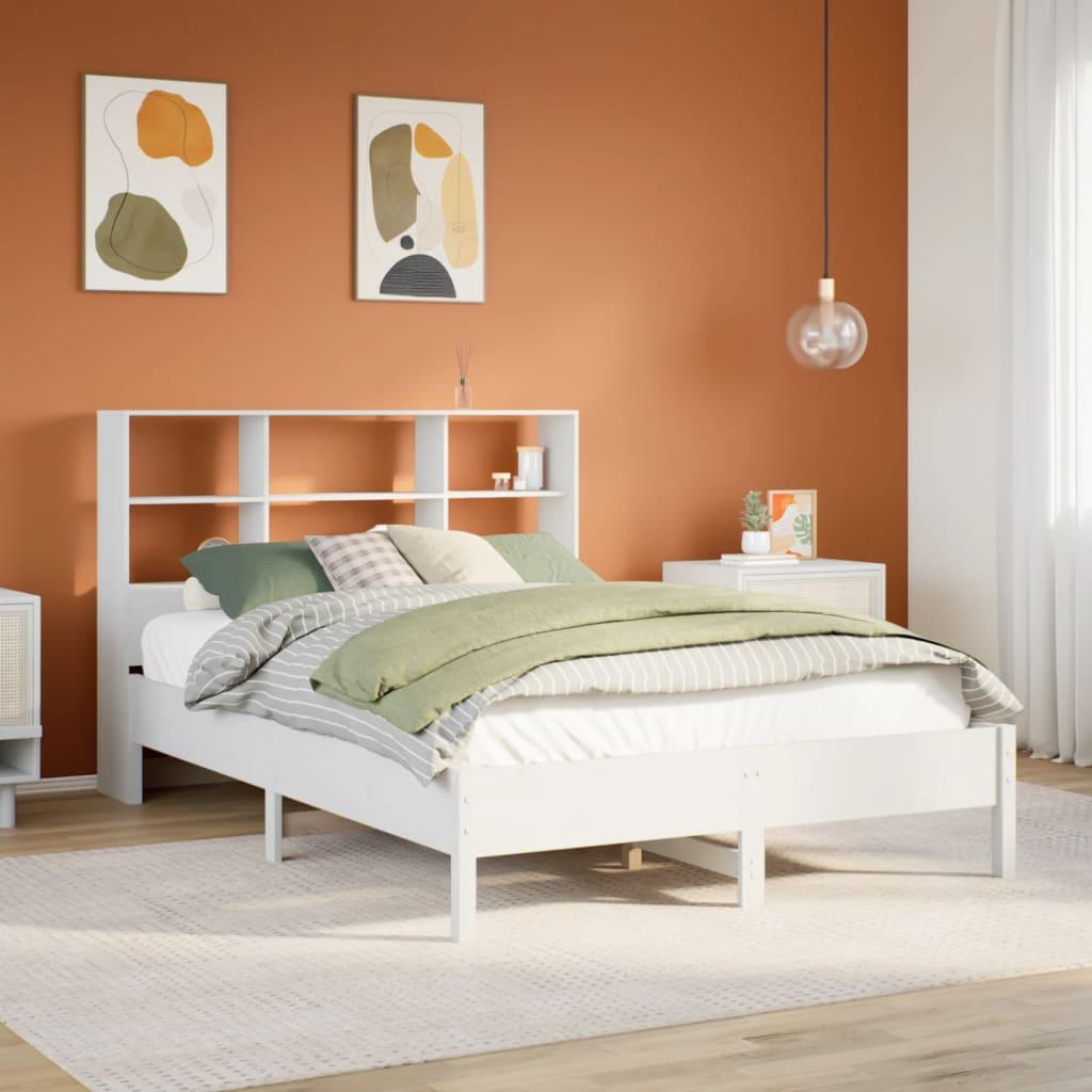 Seng med reol uden madras 140x190 cm massivt fyrretræ hvid billede