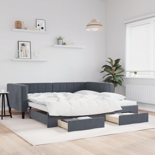 Daybed med udtræk og 2 skuffer i velour - mørkegrå, 100 x 200 cm