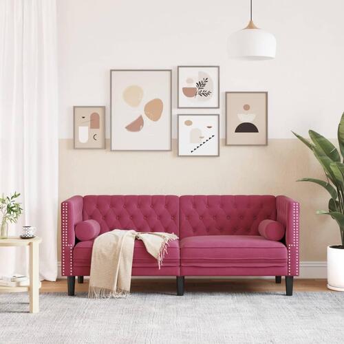 2-personers Chesterfield-sofa med bolsterpuder fløjl vinrød
