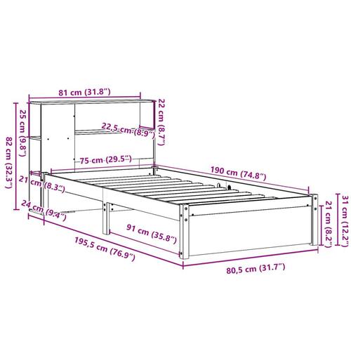 Seng med reol uden madras 75x190 cm massivt fyrretræ