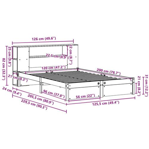 Seng med reol uden madras 120x200 cm massivt fyrretræ