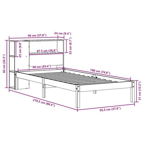 Seng med reol uden madras 90x190 cm massivt fyrretræ hvid