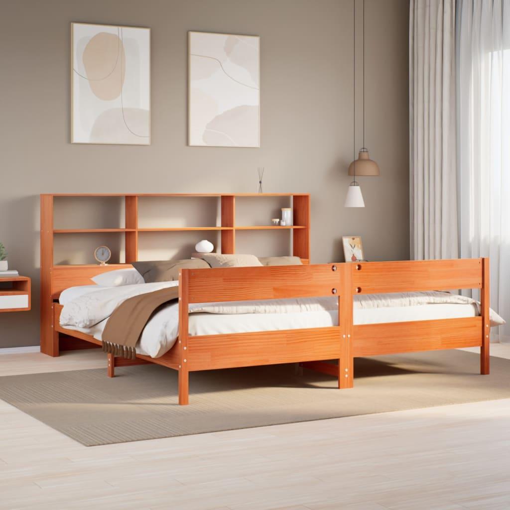 Seng med reol uden madras 180x200cm massivt fyrretræ gyldenbrun billede
