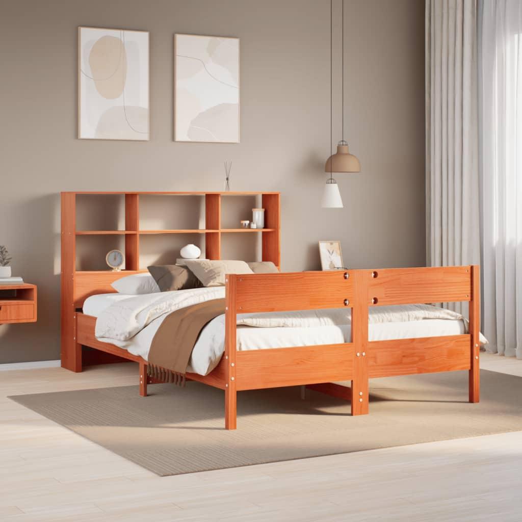 Seng med reol 140x190 cm - massivt fyrretræ, gyldenbrun billede