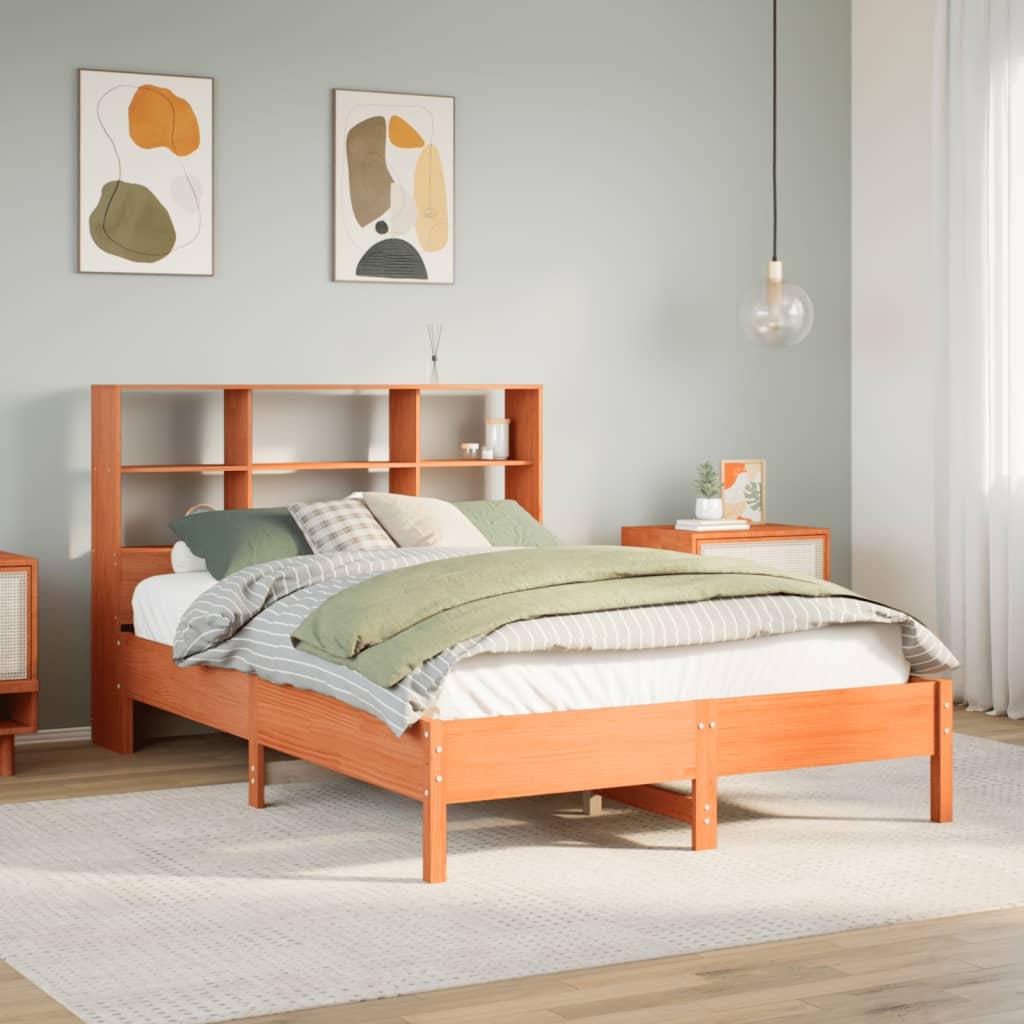 Seng med reol uden madras 135x190cm massivt fyrretræ gyldenbrun billede