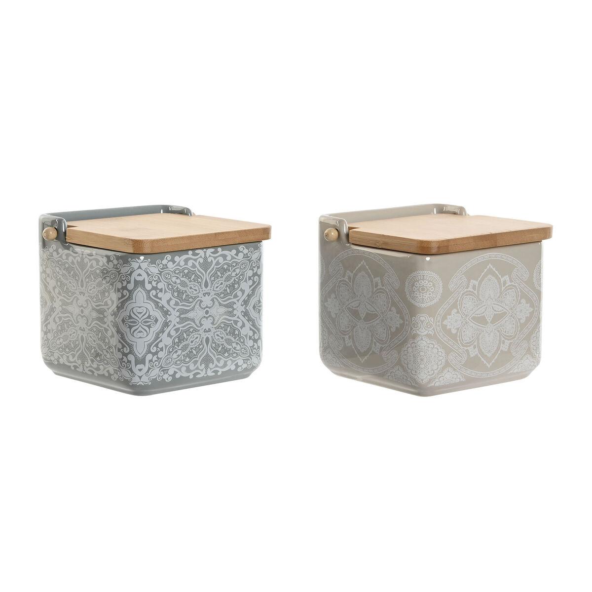 Saltbøsse med låg Home ESPRIT Blå Beige Pink Syren Bambus 750 ml 14 x 12,5 x 12 cm (2 enheder)