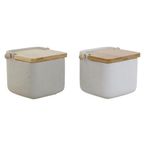 Saltbøsse med låg Home ESPRIT Hvid Beige Natur Bambus Dolomite 15 x 12 x 11 cm (2 enheder)