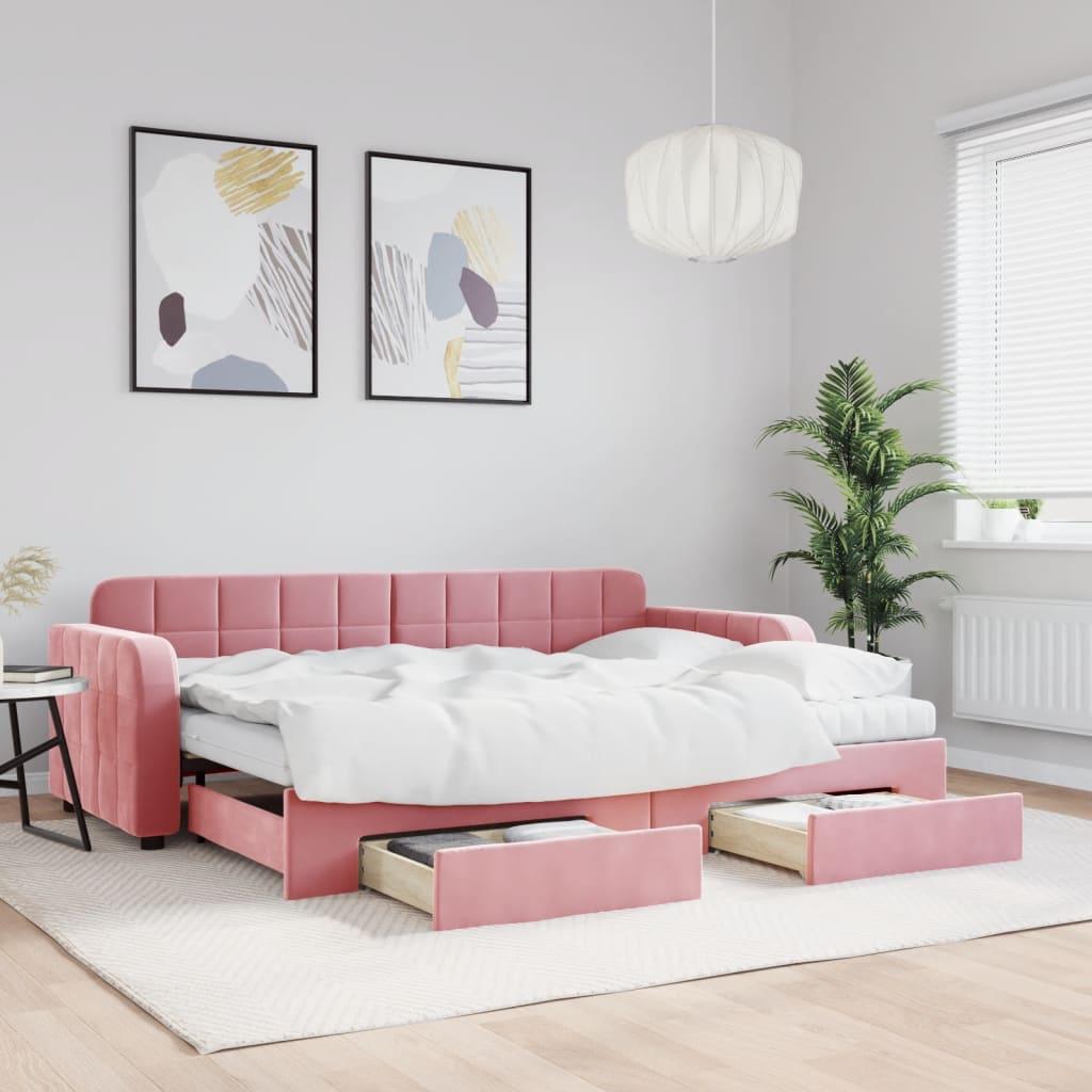 Daybed Velour Pink Lyserød - med udtræk og skuffe og madras / 80 x 200 cm