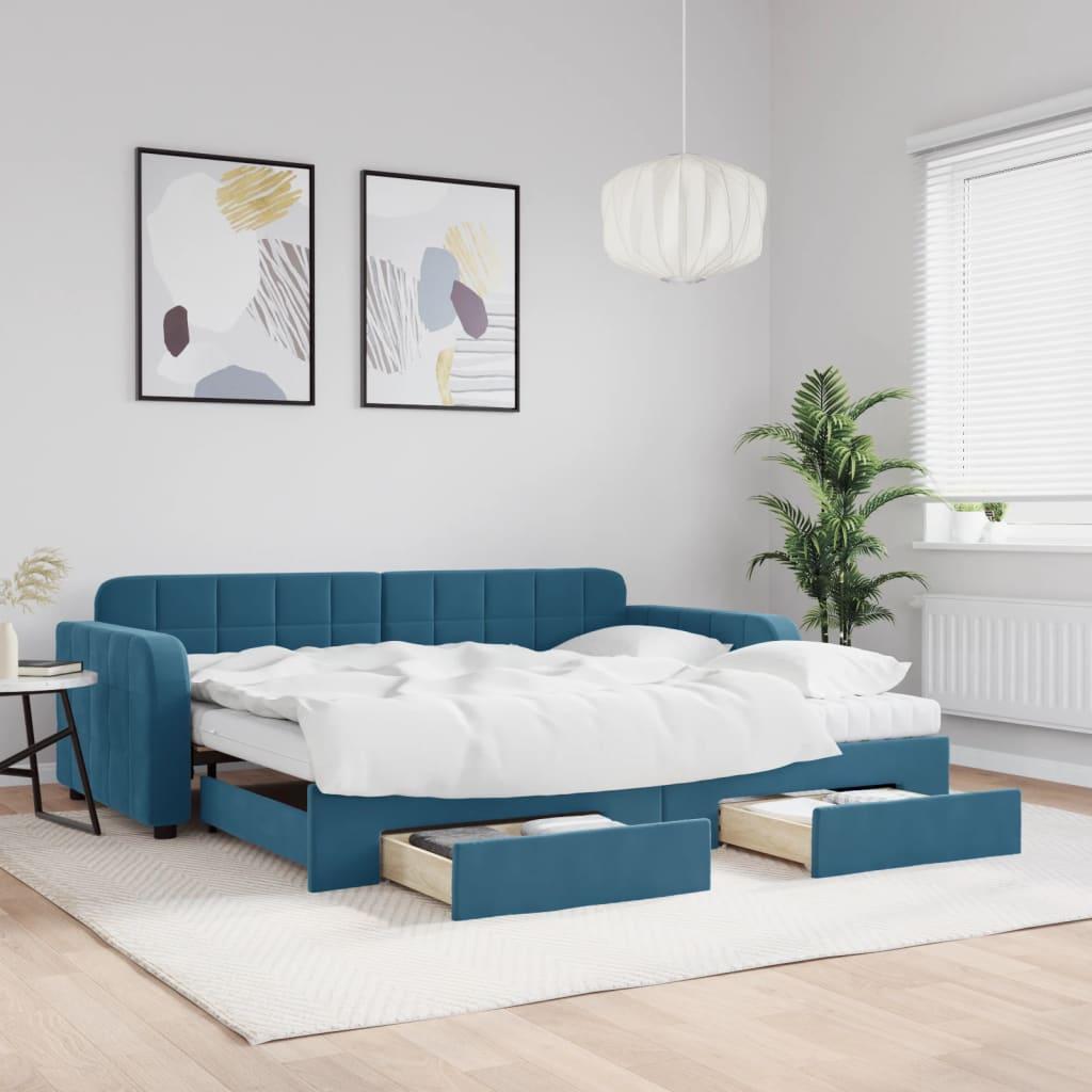 Daybed Velour Blå - med udtræk og skuffe og madras / 90 x 200 cm