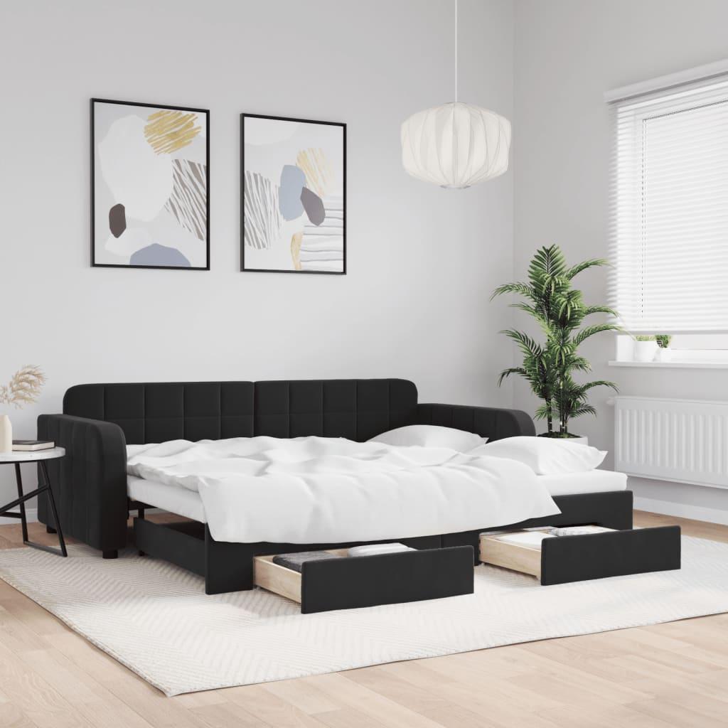 Daybed Velour Sort - med udtræk og skuffe / 90 x 200 cm
