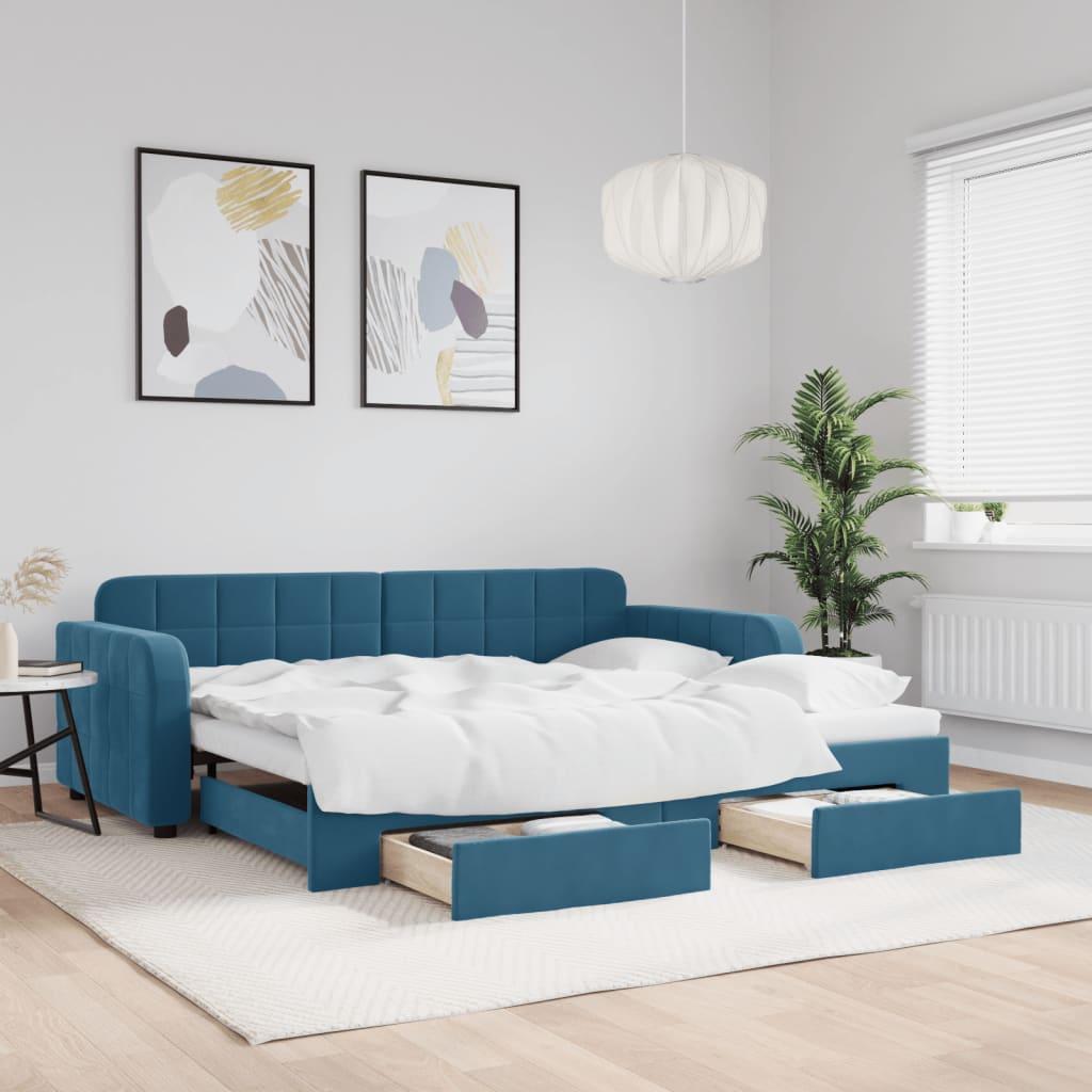 Daybed Velour Blå - med udtræk og skuffe / 90 x 200 cm