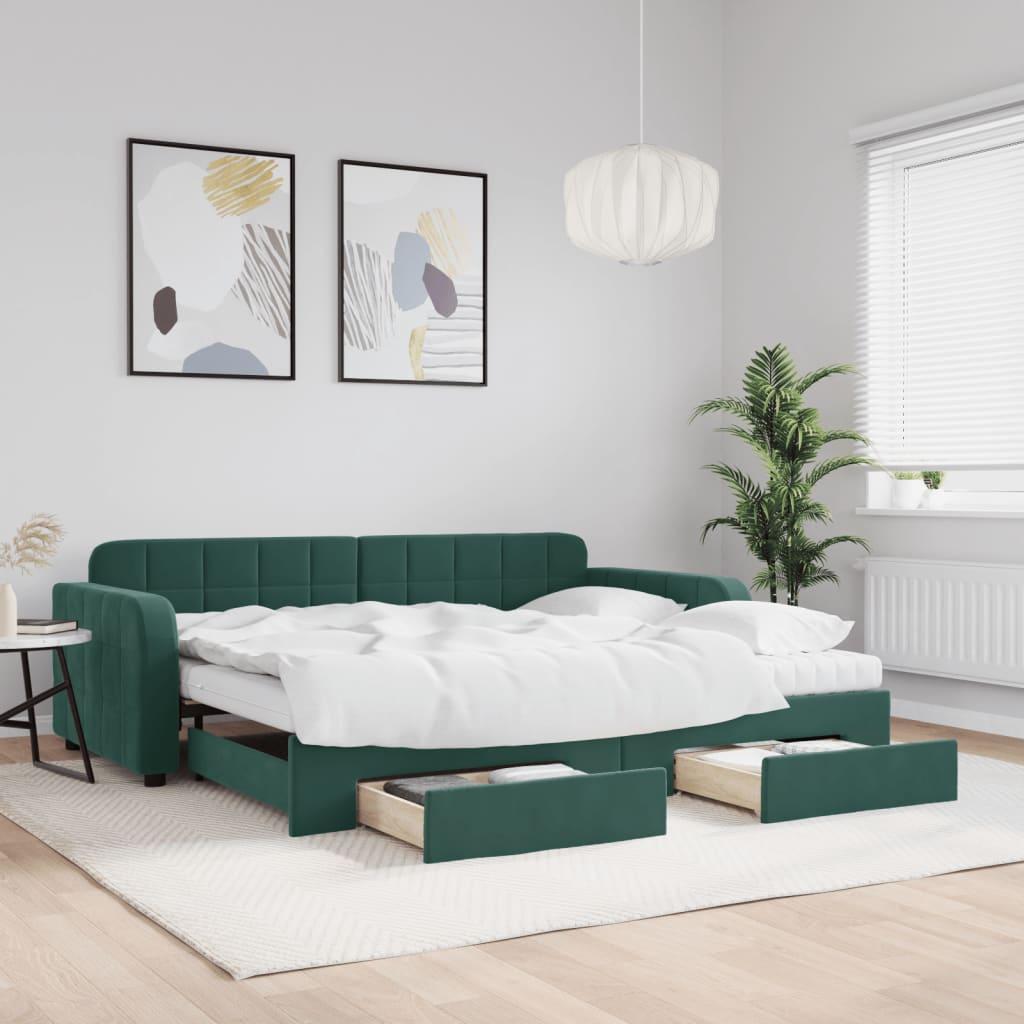 Daybed Velour Mørkegrøn - med udtræk og skuffe og madras / 90 x 200 cm