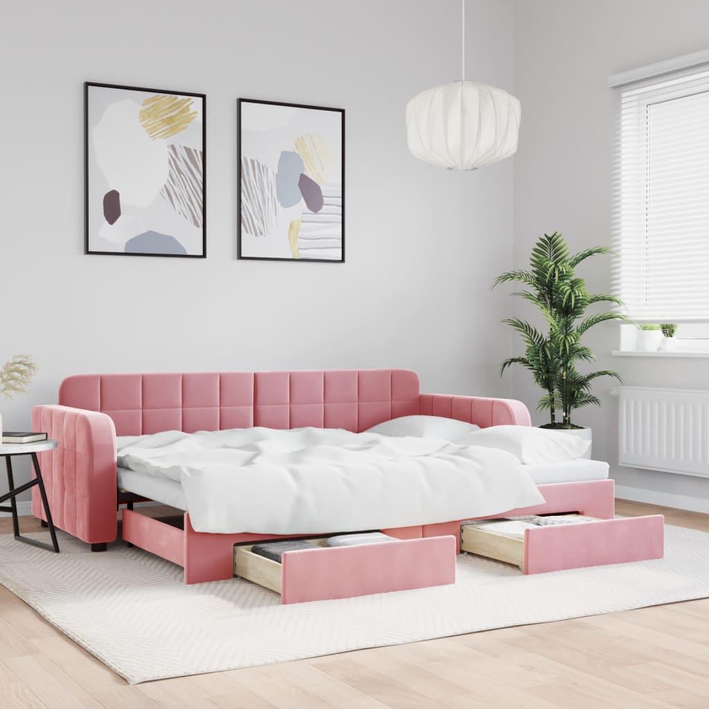 Daybed Velour Pink Lyserød - med udtræk og skuffe / 80 x 200 cm