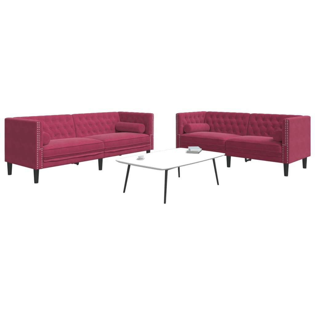 2-personers Chesterfield-sofasæt med puder fløjl vinrød