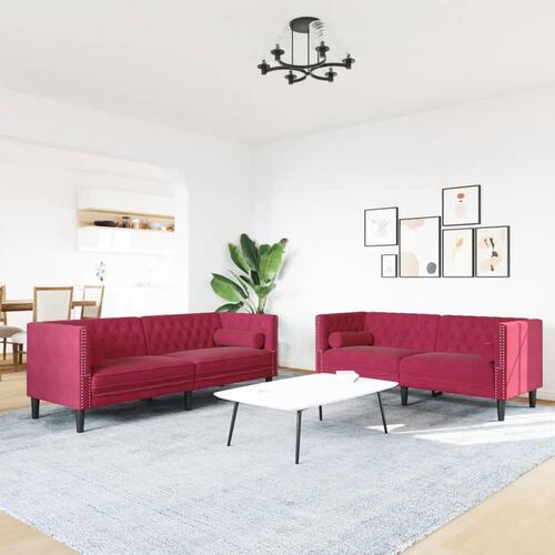 2-personers Chesterfield-sofasæt med puder fløjl vinrød