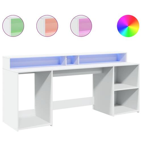 Skrivebord med LED-lys 200x155x91 cm konstrueret træ hvid