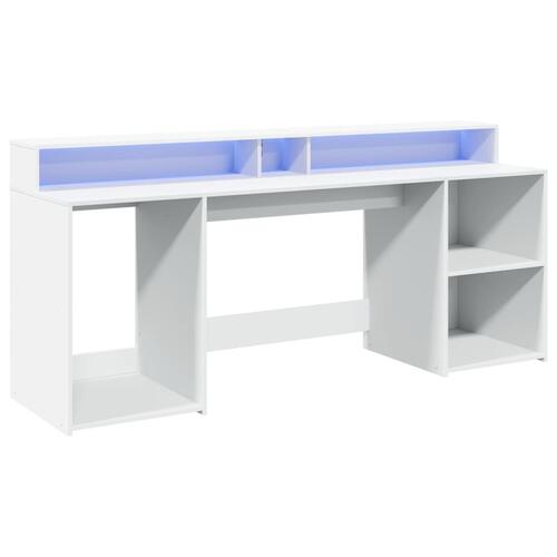 Skrivebord med LED-lys 200x155x91 cm konstrueret træ hvid