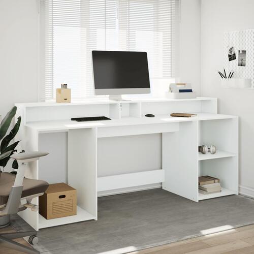 Skrivebord med LED-lys 200x155x91 cm konstrueret træ hvid