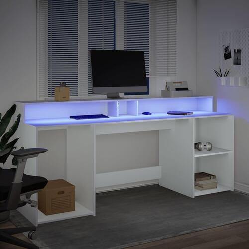 Skrivebord med LED-lys 200x155x91 cm konstrueret træ hvid