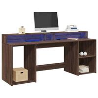 Skrivebord med LED-lys 200x55x91 cm konstrueret træ brunt eg