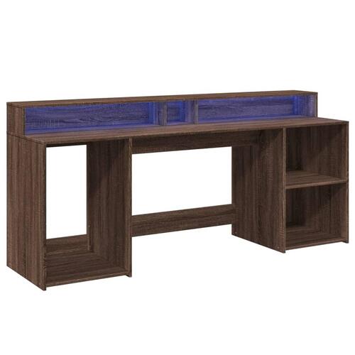 Skrivebord med LED-lys 200x55x91 cm konstrueret træ brunt eg