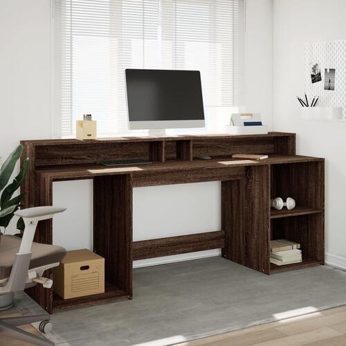 Skrivebord med LED-lys 200x55x91 cm konstrueret træ brunt eg