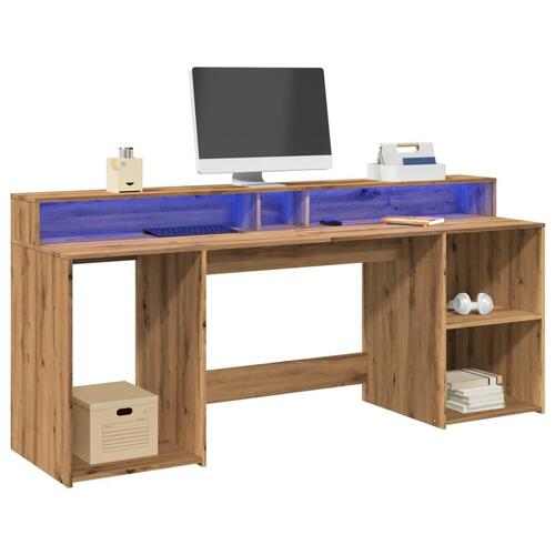 Skrivebord med LED-lys 200x55x91 cm konstrueret træ gammelt eg