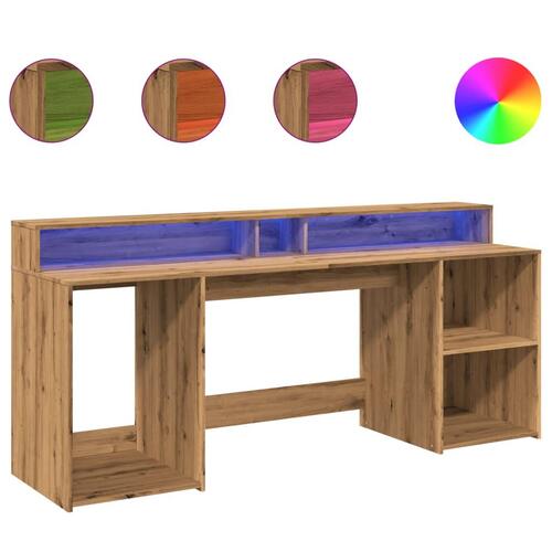 Skrivebord med LED-lys 200x55x91 cm konstrueret træ gammelt eg