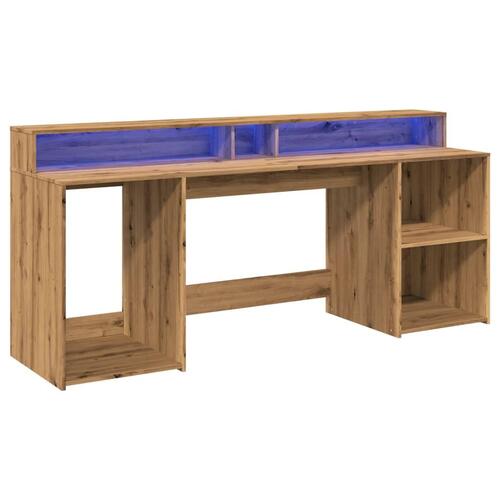 Skrivebord med LED-lys 200x55x91 cm konstrueret træ gammelt eg