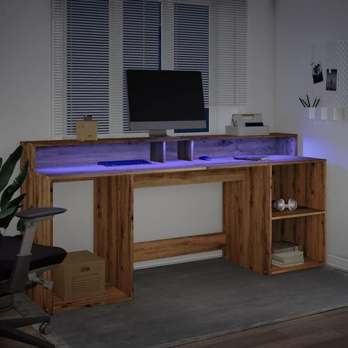 Skrivebord med LED-lys 200x55x91 cm konstrueret træ gammelt eg