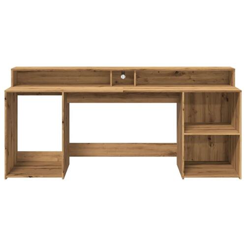 Skrivebord med LED-lys 200x55x91 cm konstrueret træ gammelt eg