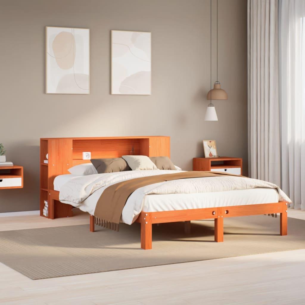 Seng med reol uden madras 135x190cm massivt fyrretræ gyldenbrun