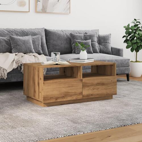 Sofabord med LED-lys 90x49x40 cm egetræsfarvet