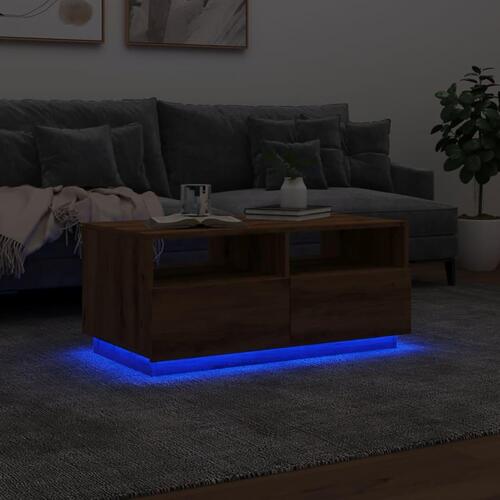 Sofabord med LED-lys 90x49x40 cm egetræsfarvet
