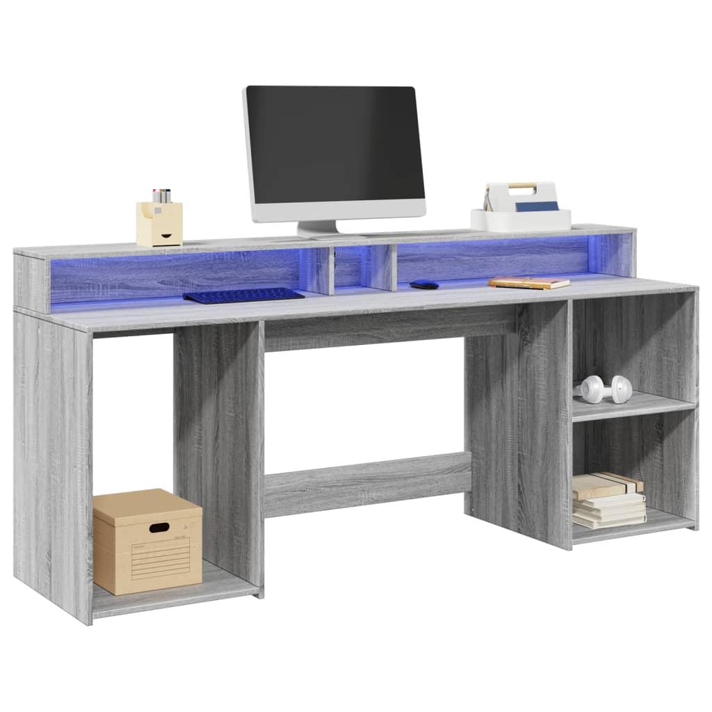 Skrivebord m. LED-lys 200x55x91 cm konstrueret træ grå sonoma