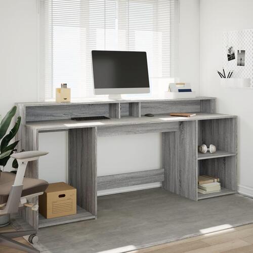 Skrivebord m. LED-lys 200x55x91 cm konstrueret træ grå sonoma