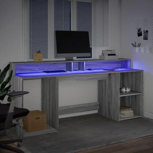 Skrivebord m. LED-lys 200x55x91 cm konstrueret træ grå sonoma