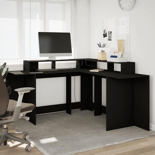 Skrivebord med LED-lys 152x152x91 cm konstrueret træ sort