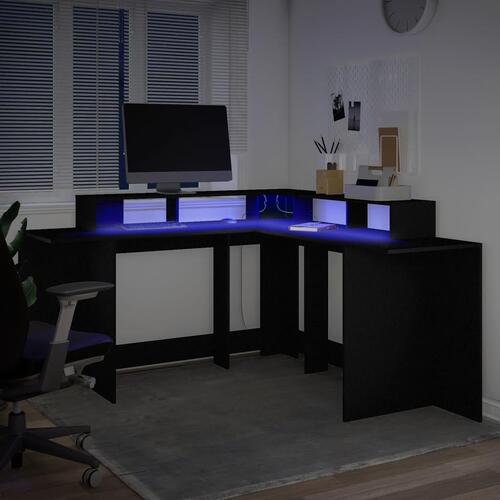 Skrivebord med LED-lys 152x152x91 cm konstrueret træ sort