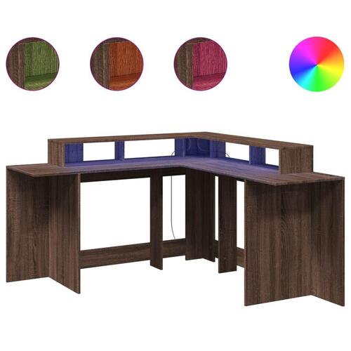 Skrivebord med LED-lys 152x152x91 cm konstrueret træ brunt eg