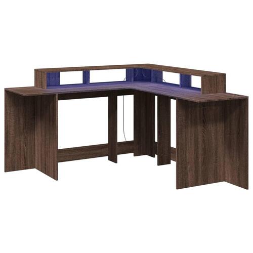 Skrivebord med LED-lys 152x152x91 cm konstrueret træ brunt eg