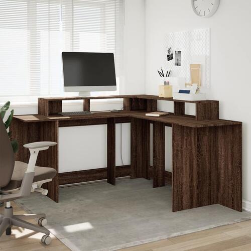 Skrivebord med LED-lys 152x152x91 cm konstrueret træ brunt eg