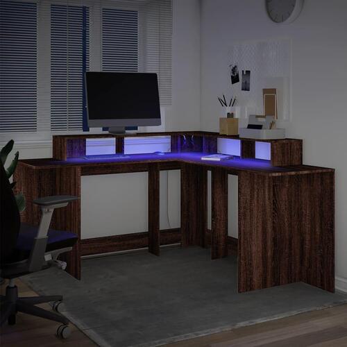 Skrivebord med LED-lys 152x152x91 cm konstrueret træ brunt eg