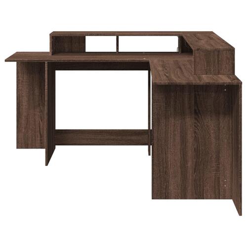 Skrivebord med LED-lys 152x152x91 cm konstrueret træ brunt eg