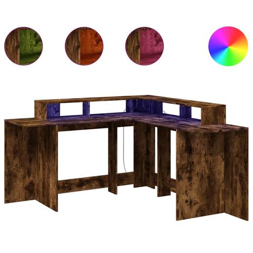Skrivebord med LED-lys 152x152x91 cm konstrueret træ røget eg