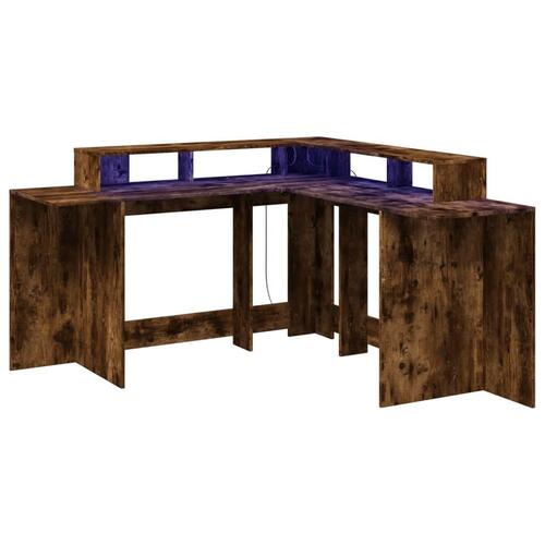 Skrivebord med LED-lys 152x152x91 cm konstrueret træ røget eg