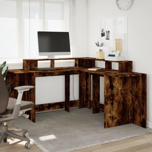 Skrivebord med LED-lys 152x152x91 cm konstrueret træ røget eg