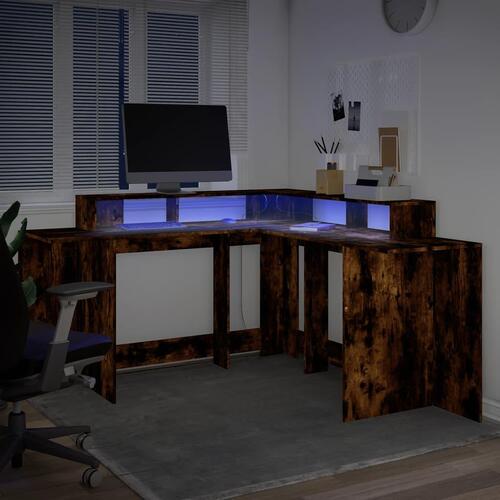 Skrivebord med LED-lys 152x152x91 cm konstrueret træ røget eg
